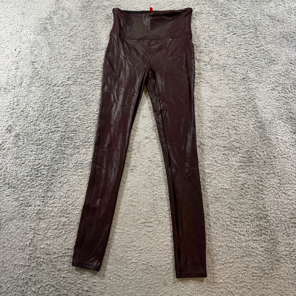 Spanx Faux Leather Leggings Size S Burgundy Wine High Waist Tummy Control